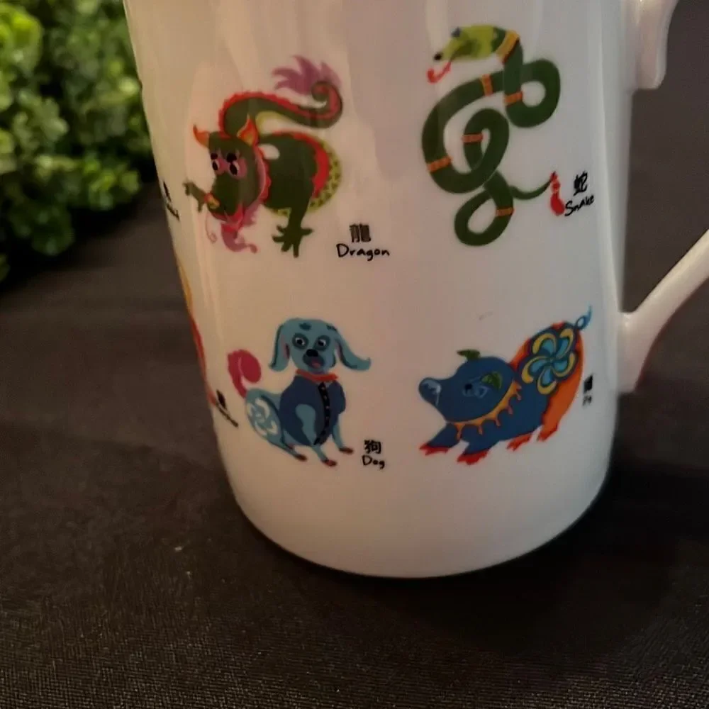 Pier 1 Chinese Zodiac Coffee Tea Mug Cup Porcelain White Red Handle